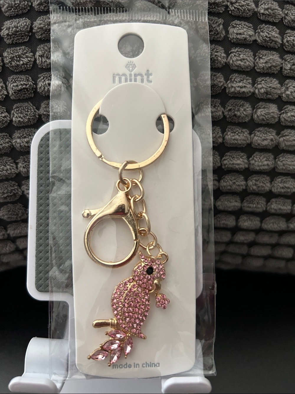 Mint Gold-Tone Pink Rhinestone Parrot Key Charm